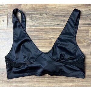 Free People Intimately Black Satin Lace Trim Tie Back Bra Size Medium Women's